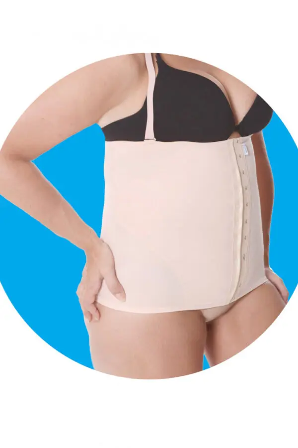 Faixa abdominal pós-cirúrgica, malha compressiva dupla, fecho frontal regulavel, modelo 330
