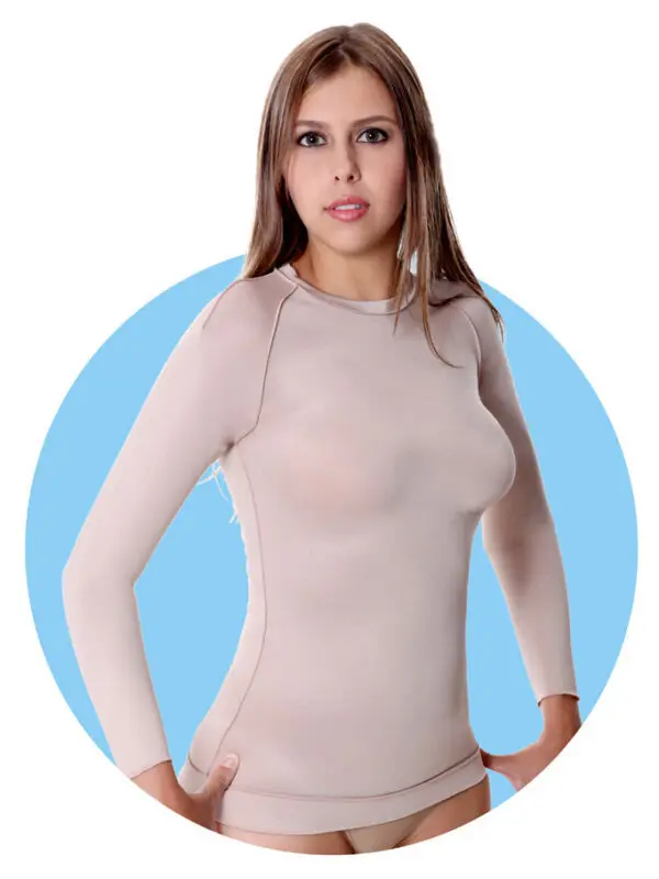 Colete feminino longo, c/mangas, malha compressiva, tratar após queimadura,  queloide, Modelo Q 644