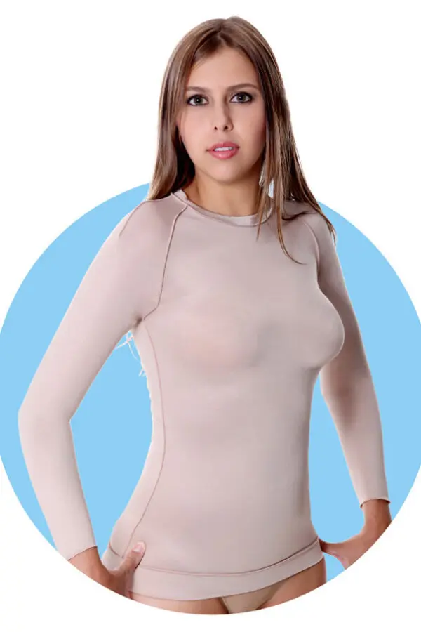 Colete feminino longo, c/mangas, malha compressiva, tratar após queimadura,  queloide, Modelo Q 644