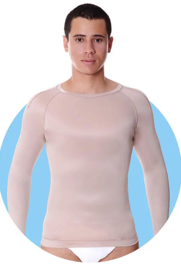 Colete masculino longo, c/mangas, malha compressiva, para tratar após queimadura, queloide, modelo Q 646