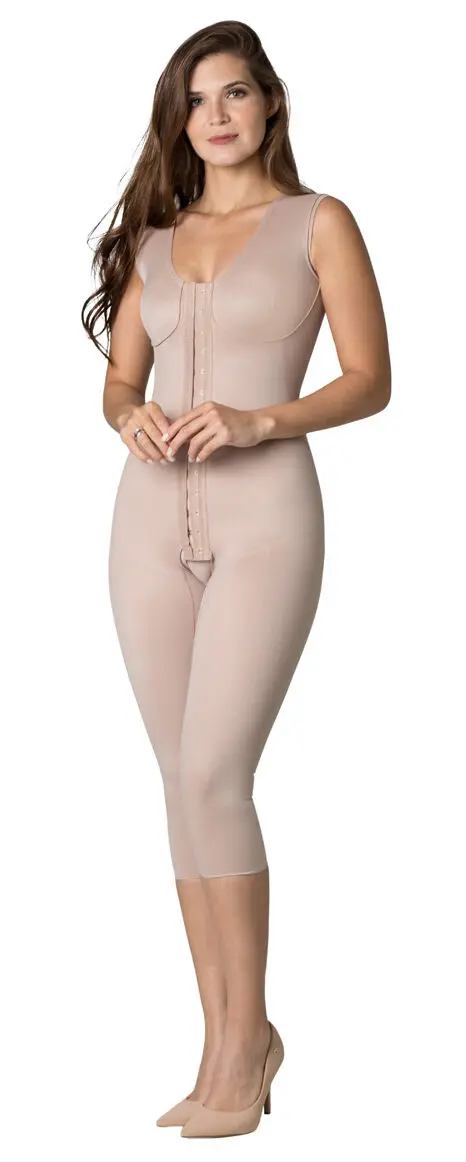 Cinta modeladora, pós cirúrgica, malha compressiva, alça regata, bojo moldado, colchete frontal, joelho, panturrilha, Modelo 406